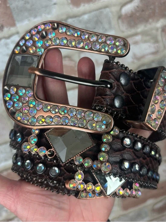 Nocona N3417002 Brown Calf Hair Leather Studded Iridescent Rhinestone Belt Large - Picture 2 of 12